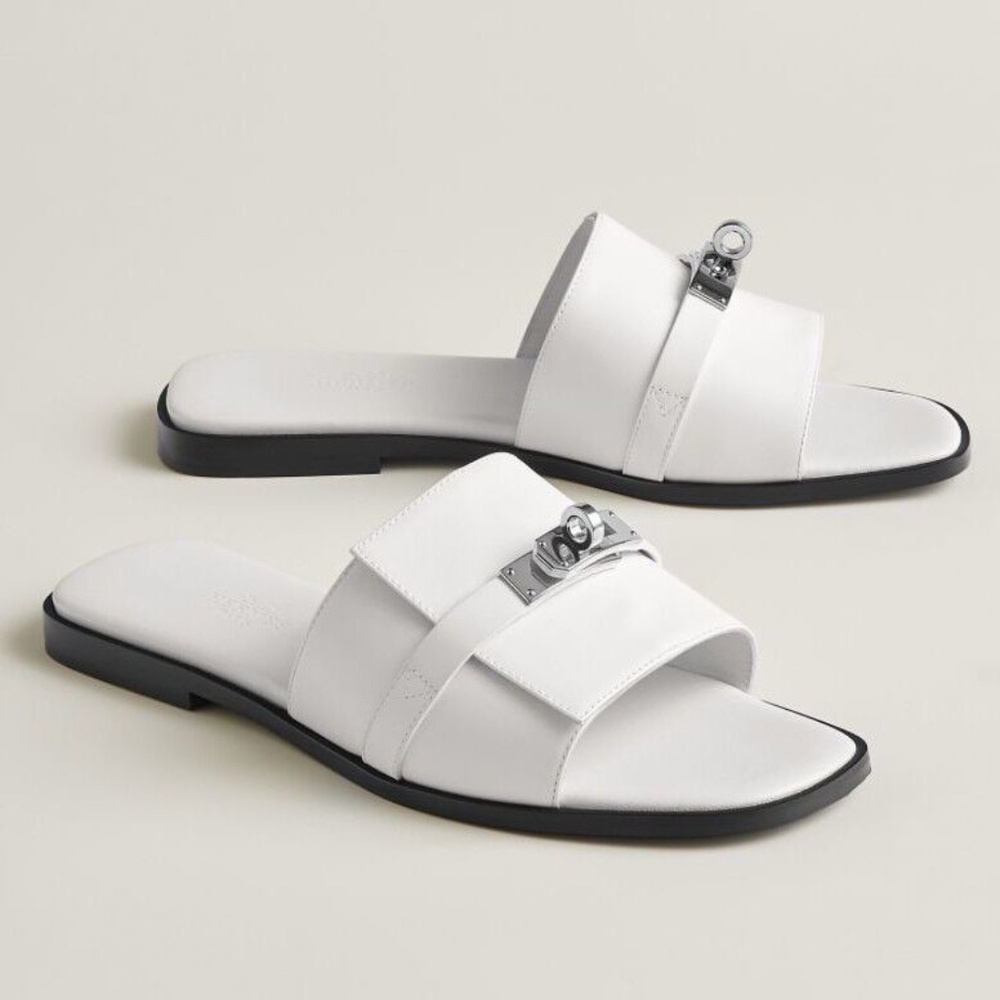 Hermes White Giulia Sandal Calfskin - Palladium Kelly Buckle Size 36